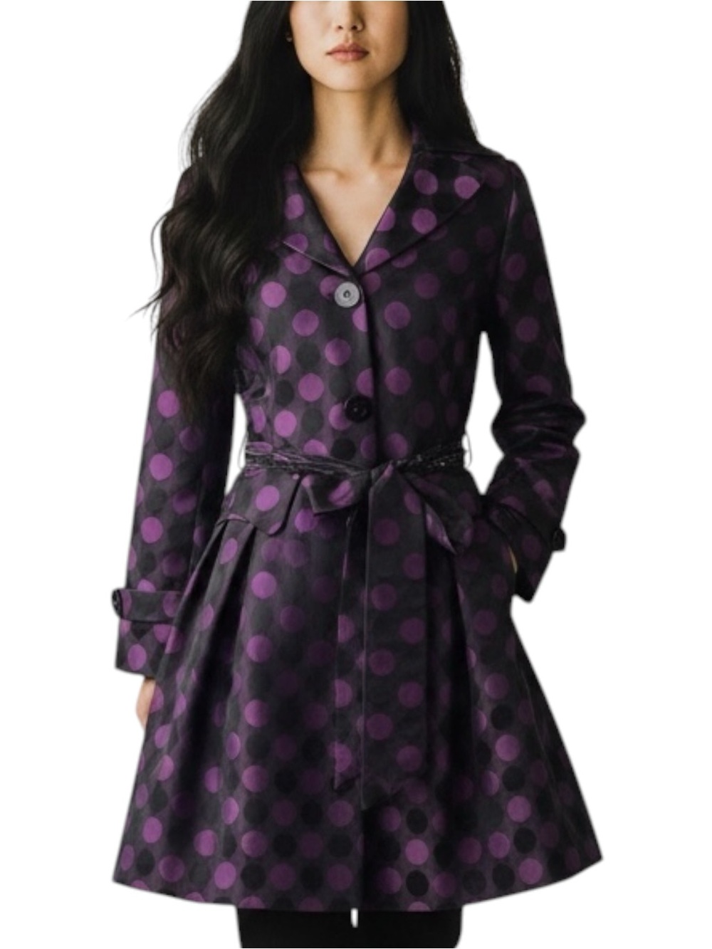 KAYRA Metallic Purple Polka Dot Long Sleeve Belted Trench Coat NWOT Size L